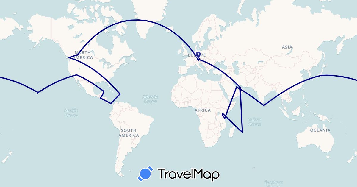 TravelMap itinerary: driving in United Arab Emirates, Belize, Canada, Germany, Dominican Republic, Guatemala, Japan, Kenya, Sri Lanka, Mauritius, Mexico, Panama, Qatar, Tanzania, United States (Africa, Asia, Europe, North America)
